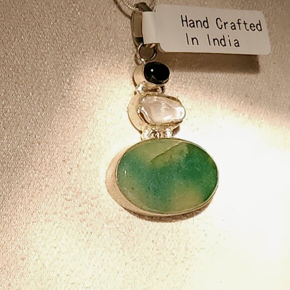 Aventurine Onyx Keshi Pearl All Natural NEW Artisan Crafted Pendant Silver Chain - Picture 8 of 8